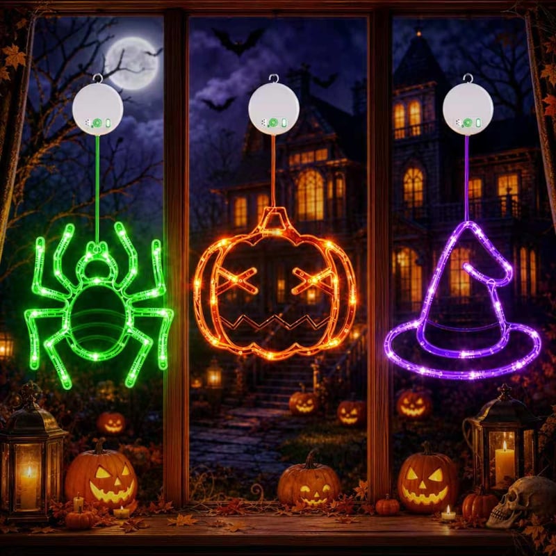 LOLStar Halloween ukrasne svjetiljke za prozor, set od 3 komada s bundevom, paukom i vještičjim šeširom