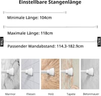LOLYPOT Fúrás Nélküli Zuhanyfüggöny Rúd, 114-184 cm Állítható Teleszkópos Rúd, Fehér-Szürke, Rugós Feszítőrúd Fürdőszobába, 15 kg Teherbírás 3