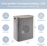 LONBET 150L Szennyesgyűjtő Kosár 2 Rekesszel, Bambusz Kerettel, Szürke 3