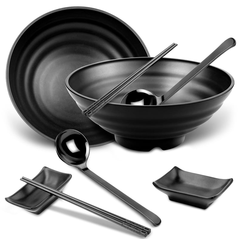 Lonely High Heels set zdjela za ramen 2 komada 1020 ml, crni japanski set zdjela 24 cm sa štapićima, žlicom i posudicom za umak za juhu, salatu, tjesteninu i sushi