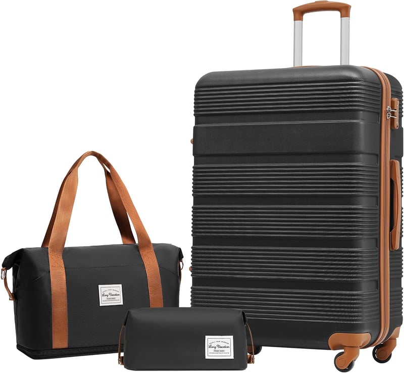 LONG VACATION 4 részes ABS kemény bőrönd szett TSA zárral és forgó kerekekkel - 28 Inch Luggage Set, 2-Black/Brown
