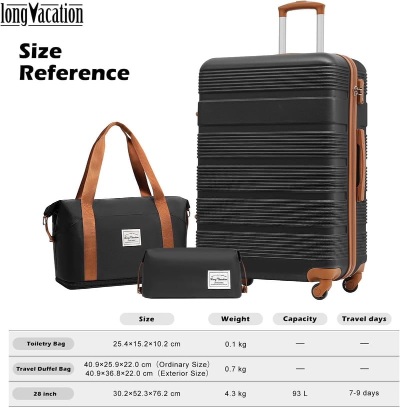 LONG VACATION 4 részes ABS kemény bőrönd szett TSA zárral és forgó kerekekkel - 28 Inch Luggage Set, 2-Black/Brown