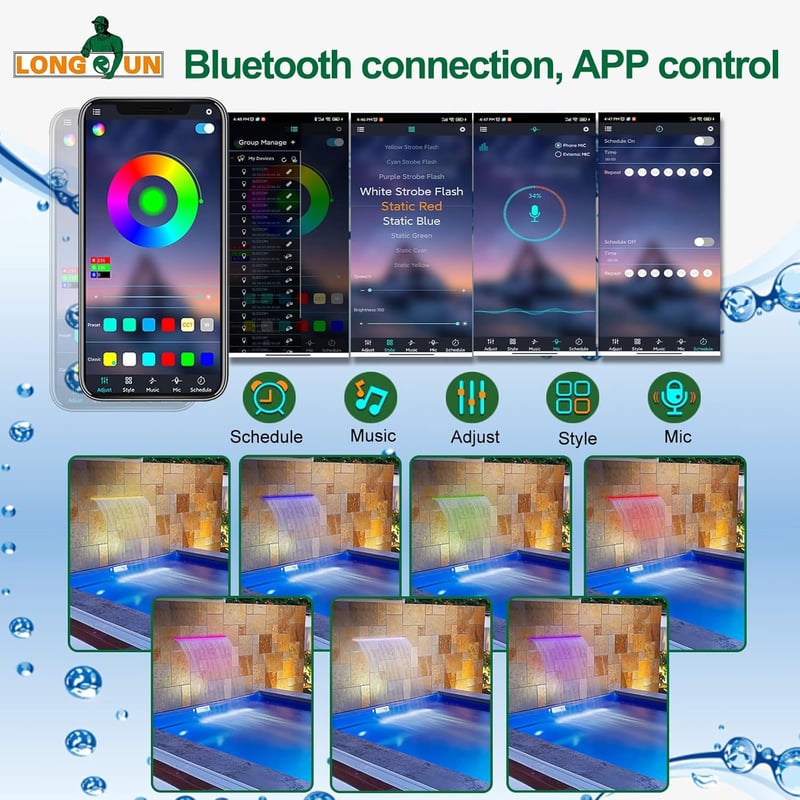 Longrun IP68 Vízálló LED Szalag Medencéhez - 7 Színű Applikációval Vezérelhető Világítás Távirányítóval - Akváriumhoz, Szökőkúthoz, Úszómede