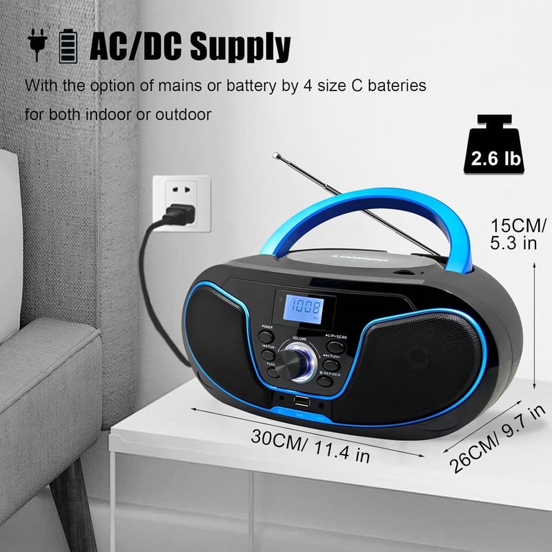 LONPOO Hordozható CD Lejátszó Bluetooth Rádió USB Stereo Boombox