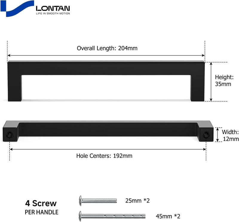 LONTAN Fekete Bútor Fogantyú 192mm Lyukközépség Rozsdamentes Acél 2db - Bohrlochabstand: 192mm, Black, Pack of 2