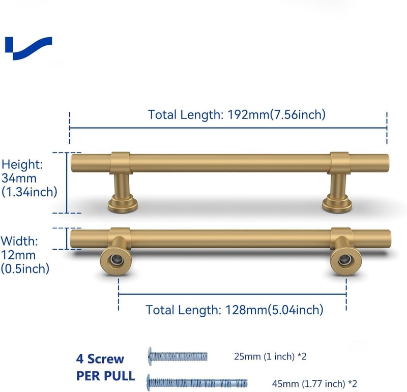 LONTON Pack of 10 Cabinet Handles, Gold Furniture Handles, 128 mm, Hole Spacing, Kitchen Handles for Kitchen Cabinets, Cabinet Door Handles, Furniture Handles, Brass Drawer Handles - Hole spacing: 12.8 cm, Gold, Pack of 10