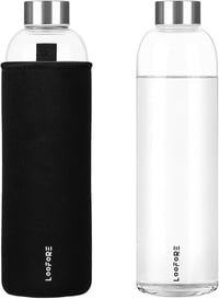 LOOFORE Üveg Kulacs 1 Liter Fekete Neoprén Huzattal - BPA Mentes Ivópalack Mosogatógépben Mosható Szénsavas Italokhoz 1