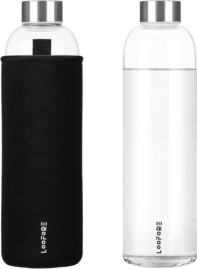 LOOFORE Üveg Kulacs 1 Liter Fekete Neoprén Huzattal - BPA Mentes Ivópalack Mosogatógépben Mosható Szénsavas Italokhoz