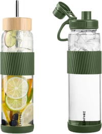 Sklenená fľaša na vodu LOOFORE so slamkou, 2 viečkami a silikónovou ochranou – 1000 ml 1