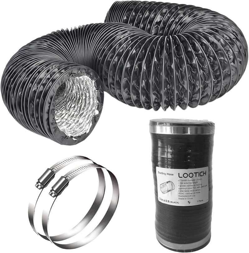 LOOTICH Alumínium Flexibilis Légcsatorna 79mm x 2.5m - Fekete Szellőztető Cső HVAC Rendszerekhez, Fürdőszobához, Konyhához, Üvegházhoz