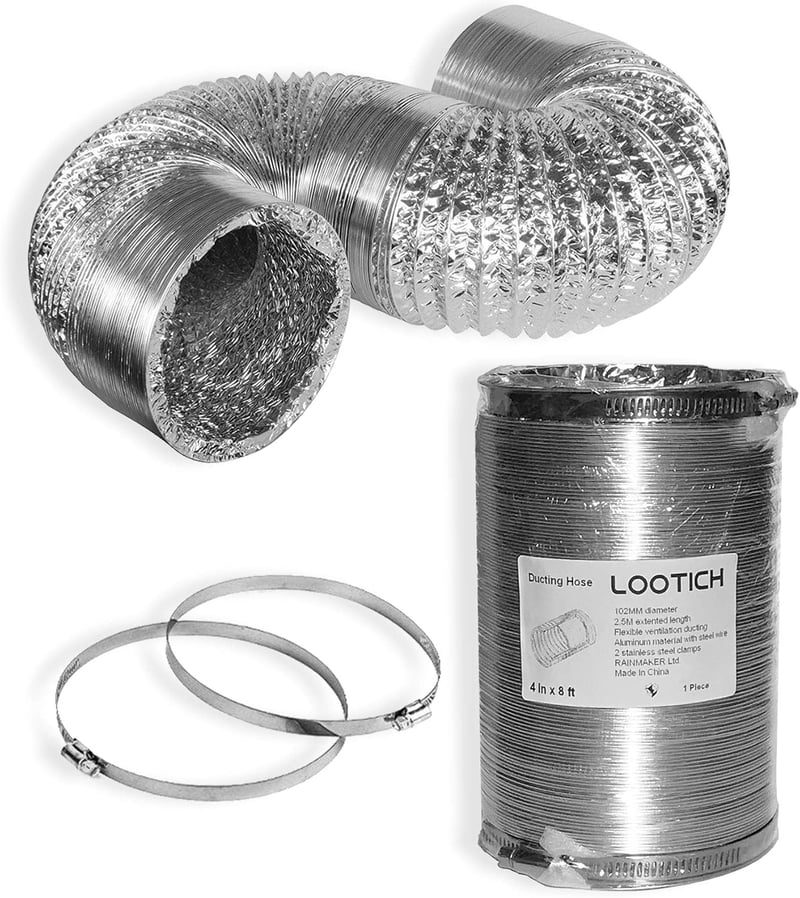 Lootich Alumínium Flexibilis Szellőzőcső 102mm x 2,5m - Légkondicionáláshoz, Fürdőszobához, Konyhához - Ezüst Légtechnikai Cső HVAC Rendszer
