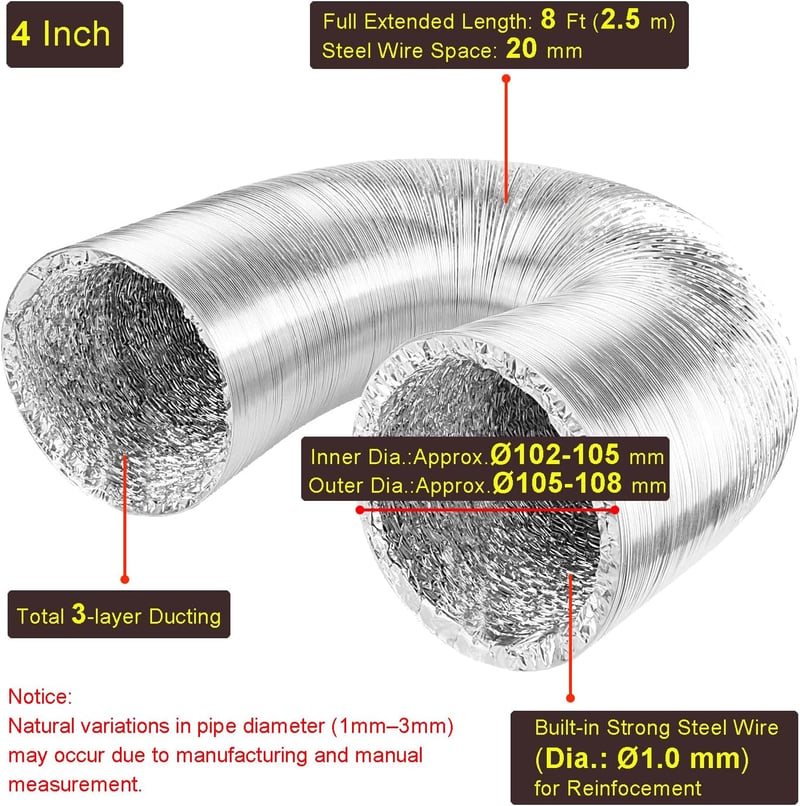 Lootich Alumínium Flexibilis Szellőzőcső 102mm x 2,5m - Légkondicionáláshoz, Fürdőszobához, Konyhához - Ezüst Légtechnikai Cső HVAC Rendszer