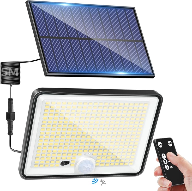 LOTMOS 342 LED napelemes kültéri lámpa mozgásérzékelővel, IP65 vízálló, 3 módú reflektor távirányítóval