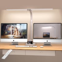 LOTTBUTY Stolová LED lampa s dvojitou hlavou, stmievateľná, 24 W, 80 cm, biela, kancelárska lampa na husom krku s držiakom na telefón, denné svetlo 1
