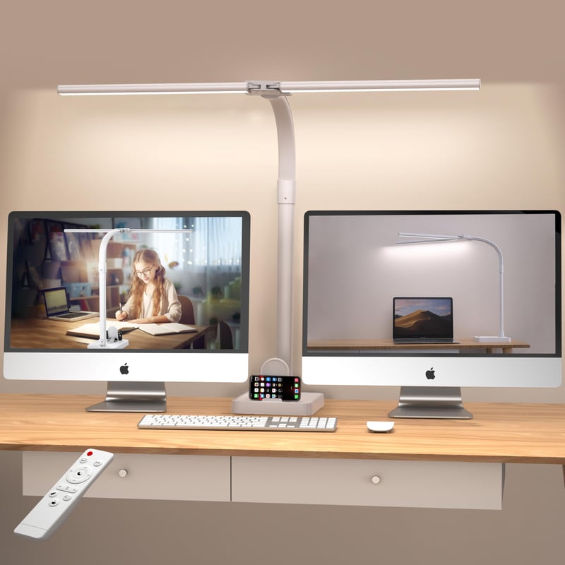 LOTTBUTY Stolová LED lampa s dvojitou hlavou, stmievateľná, 24 W, 80 cm, biela, kancelárska lampa na husom krku s držiakom na telefón, denné svetlo