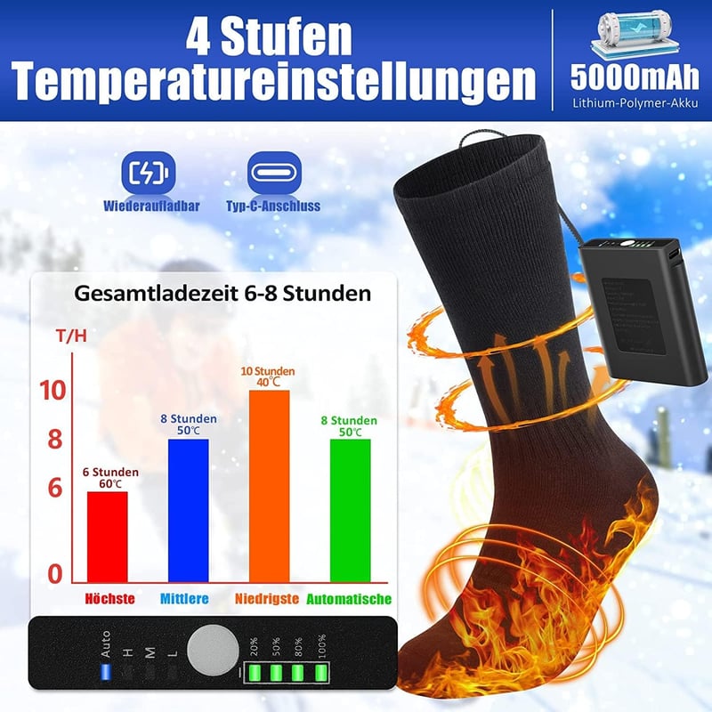 LOTTBUTY Fűthető Zokni 5000mAh Akkumulátorral, 4 Hőfokozatú Elektromos Melegítő Zokni Férfi Női Téli Outdoor Túrázás