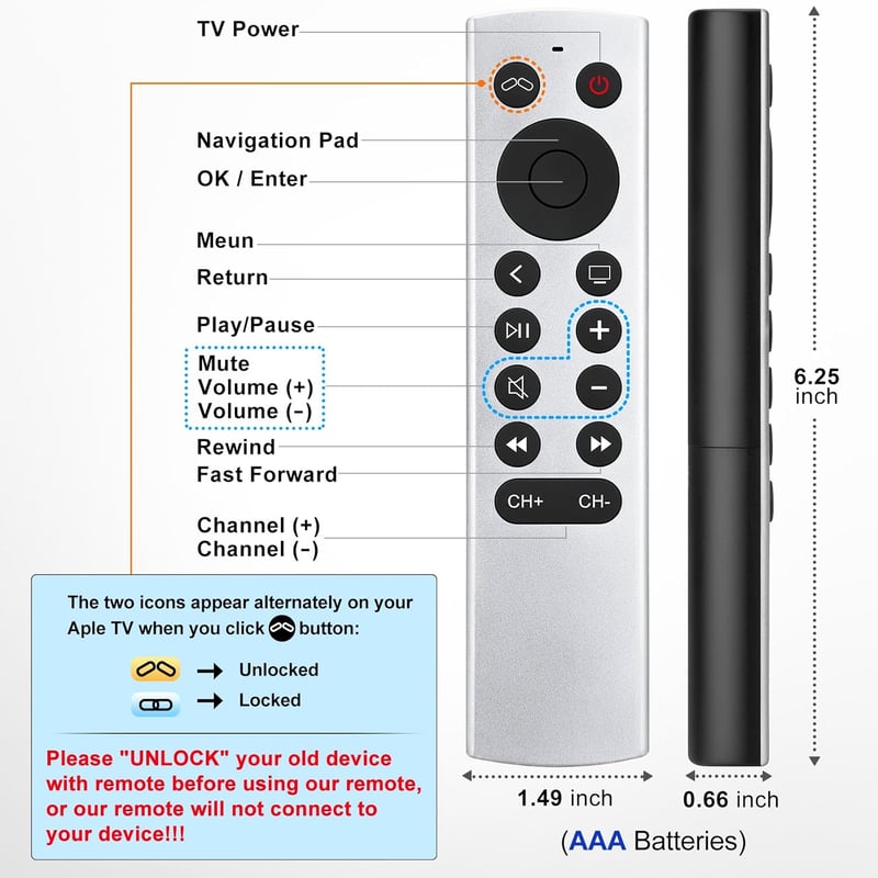 Loutoc Távirányító Apple TV 4K/HD Készülékekhez - Univerzális Vezérlő Siri és Nyelvi Funkciók Nélkül - Kompatibilis Apple TV Modellekkel