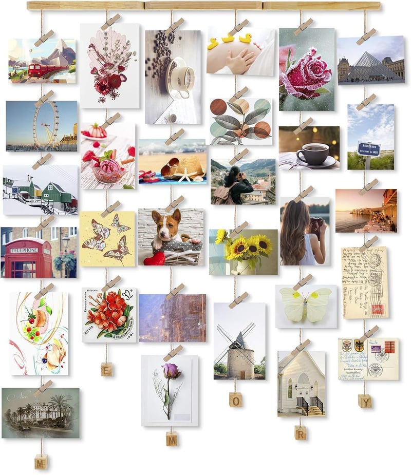 Love-KANKEI Ramă foto din lemn pentru perete, 26 x 29 inchi, cu 30 de cleme și sfoară reglabilă pentru colaj foto cu amintiri