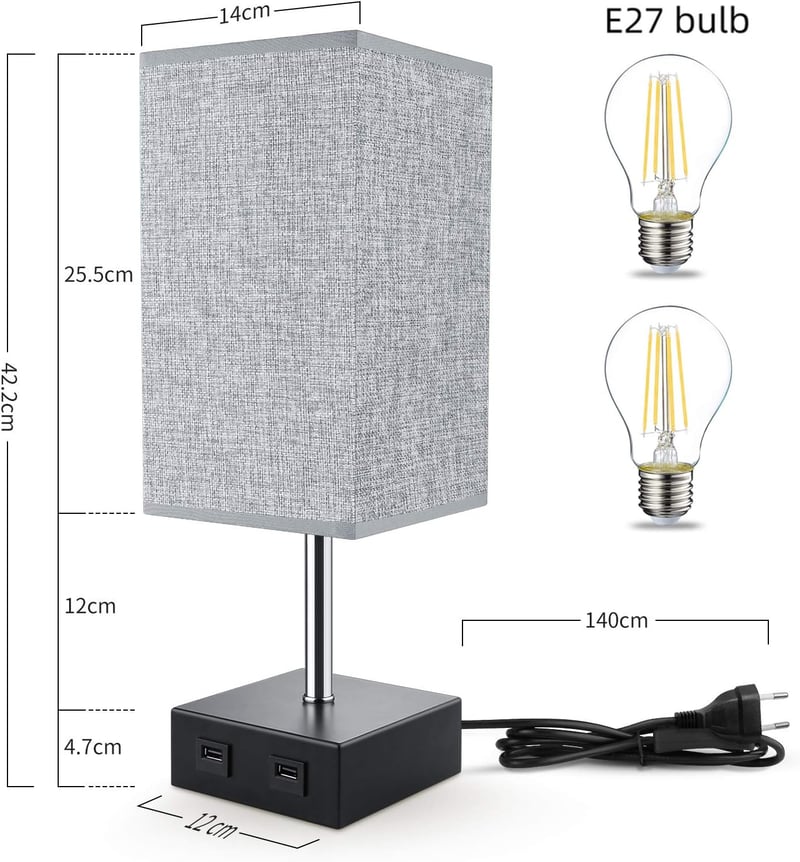 Lovebay Érintésvezérelt Asztali Lámpa Szürke - Szabályozható Fényerő, 2 USB Töltőport, Szemkímélő LED, Hálószobába, Nappaliba