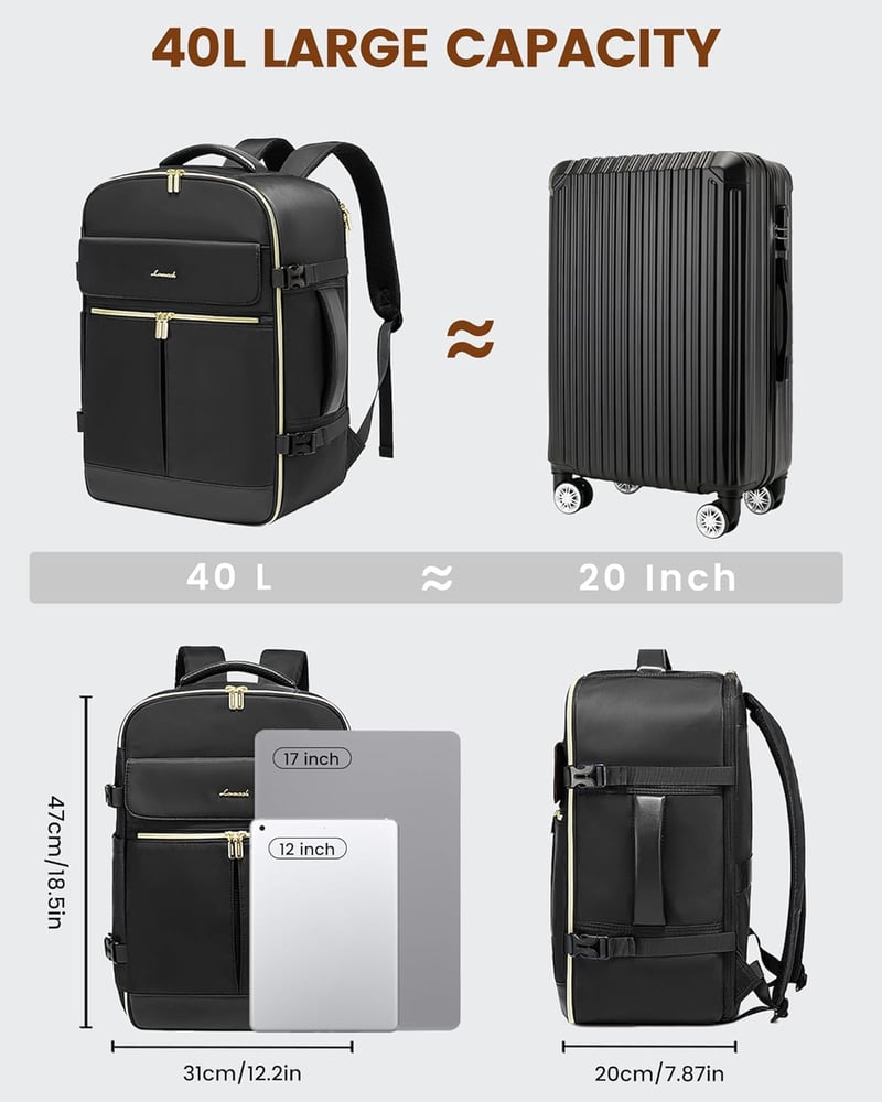 LOVEVOOK 40L Utazási Hátizsák Férfiaknak és Nőknek, Vízálló Laptop Hátizsák 17 Colos, Repülőgépes Kézipoggyász
