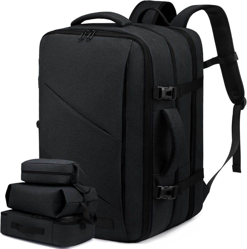 LOVEVOOK Kézipoggyász Hátizsák 30L - Bővíthető Utazótáska 15,6" Laptophoz, Repülőgép Fedélzeti Táska 180° Nyitással, Fekete