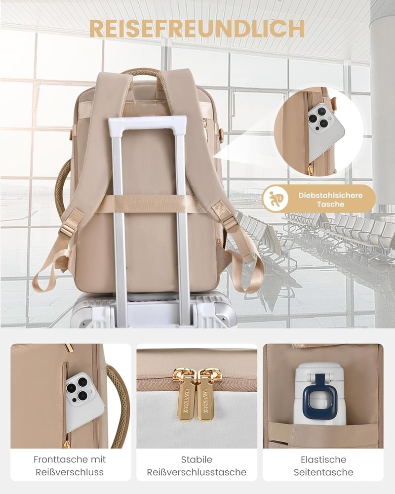 LOVEVOOK Kézipoggyász Hátizsák 40x20x25 Ryanair Wizz Air Eurowings Utazótáska Női Bővíthető Kabinbőrönd 20L Khaki