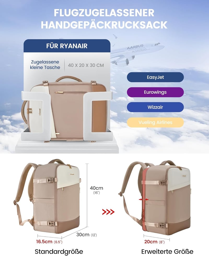 LOVEVOOK Kézipoggyász Hátizsák 40x20x25 Ryanair Wizz Air Eurowings Utazótáska Női Bővíthető Kabinbőrönd 20L Khaki