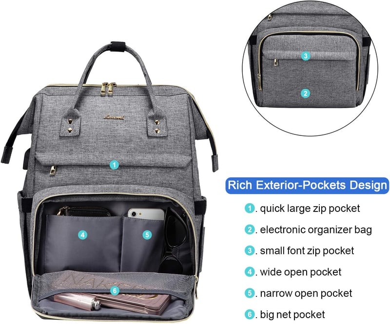 LOVEVOOK Női Laptop Hátizsák 15.6" Laptoptartóval, Vízálló Üzleti Hátizsák USB Töltőporttal, Lopásbiztos Iskolatáska Utazáshoz, Munkához