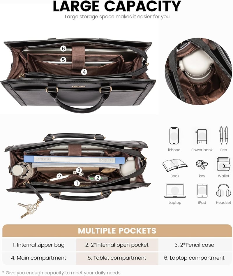 LOVEVOOK Női Laptop Táska 15.6" - Elegáns Fekete PU Bőr Válltáska Nagy Kapacitással - Üzleti, Iskolai Használatra - Többfunkciós Kézitáska T