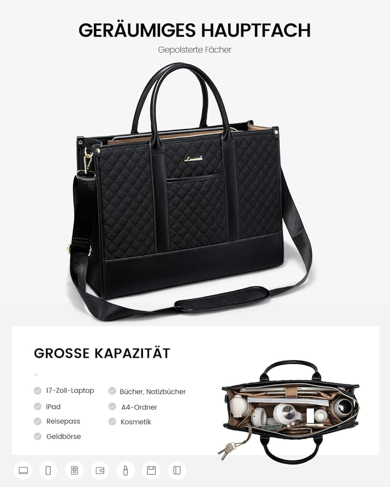 LOVEVOOK Női Laptop Táska 17" - Vízálló Üzleti Kézitáska Nagy Kapacitással, Többfunkciós Válltáska Egyetemre, Munkába - Fekete