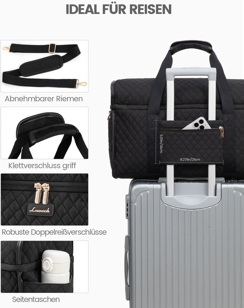 LOVEVOOK Női Utazótáska Vízálló Weekender Kézipoggyász Nagy Sporttáska Kórházi Táska Repülőgép Edzőterem Fekete - XL, Beige and Black