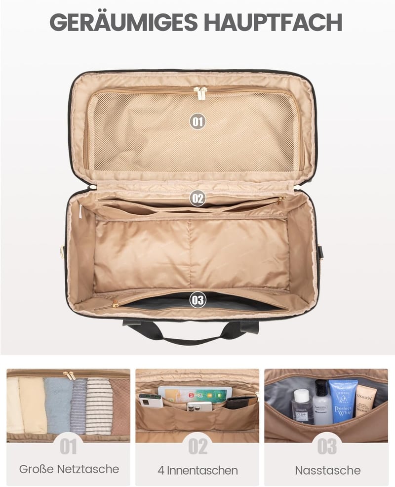 LOVEVOOK Női Utazótáska Vízálló Weekender Kézipoggyász Nagy Sporttáska Kórházi Táska Repülőgép Edzőterem Fekete - XL, Beige and Black