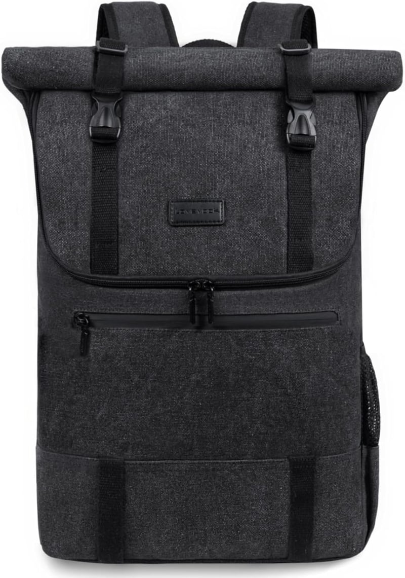 LOVEVOOK Rolltop Hátizsák 17.3" Laptop Vízálló Utazási Iskolai Munka Fekete Vászon