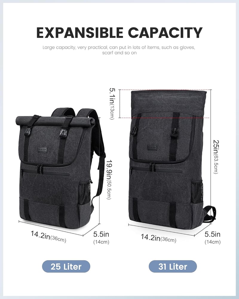LOVEVOOK Rolltop Hátizsák 17.3" Laptop Vízálló Utazási Iskolai Munka Fekete Vászon