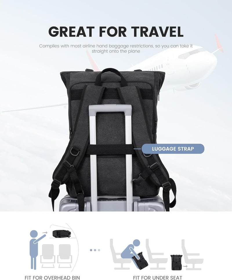 LOVEVOOK Rolltop Hátizsák 17.3" Laptop Vízálló Utazási Iskolai Munka Fekete Vászon