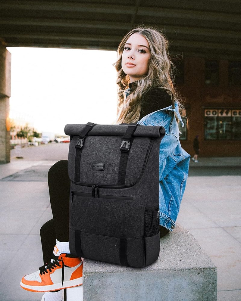 LOVEVOOK Rolltop Hátizsák 17.3" Laptop Vízálló Utazási Iskolai Munka Fekete Vászon