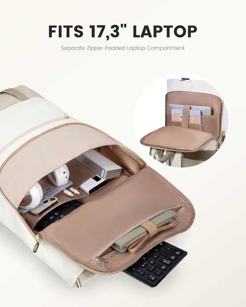 LOVEVOOK Rolltop Hátizsák 17,3" Laptophoz - Bővíthető 25-32L Utazó Táska Egyetemistáknak és Üzleti Használatra, Bézs-Khaki Színben