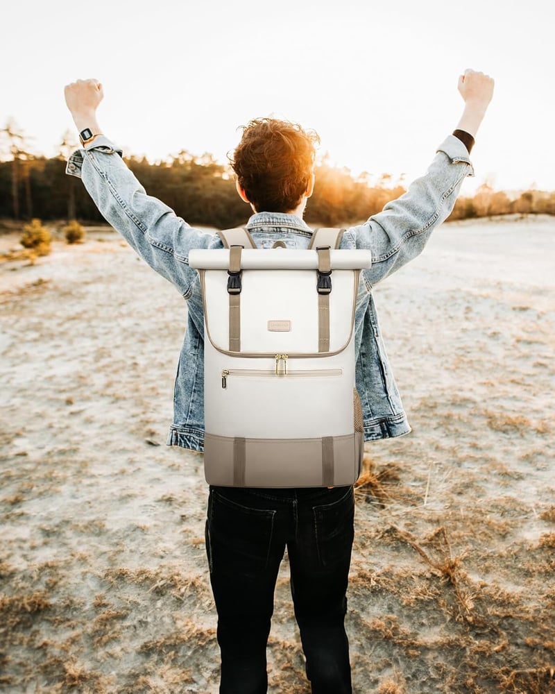 LOVEVOOK Rolltop Hátizsák 17,3" Laptophoz - Bővíthető 25-32L Utazó Táska Egyetemistáknak és Üzleti Használatra, Bézs-Khaki Színben