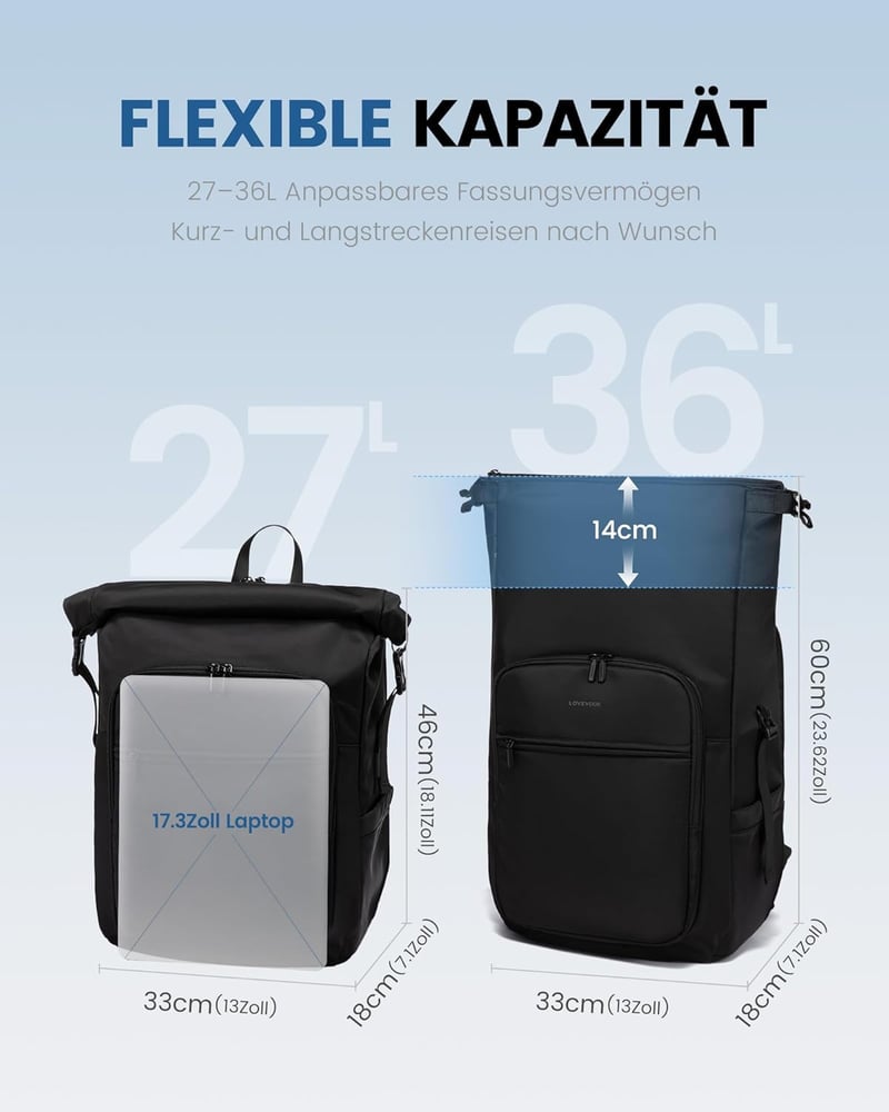 LOVEVOOK Rolltop Hátizsák 17 Colos Laptophoz - Vízálló, Nagyméretű Unisex Hátizsák Iskolába, Egyetemre, Utazáshoz és Kerékpározáshoz - Feket