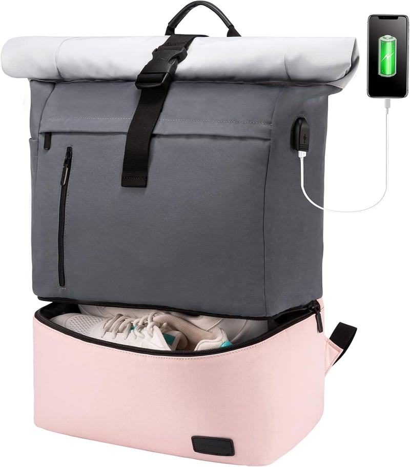 LOVEVOOK Rolltop Női Hátizsák Cipőtartó Rekesszel - Vízálló 17 Colos Laptop Táska Utazáshoz, Iskolába, Túrázáshoz, USB Töltőporttal (Szürke-
