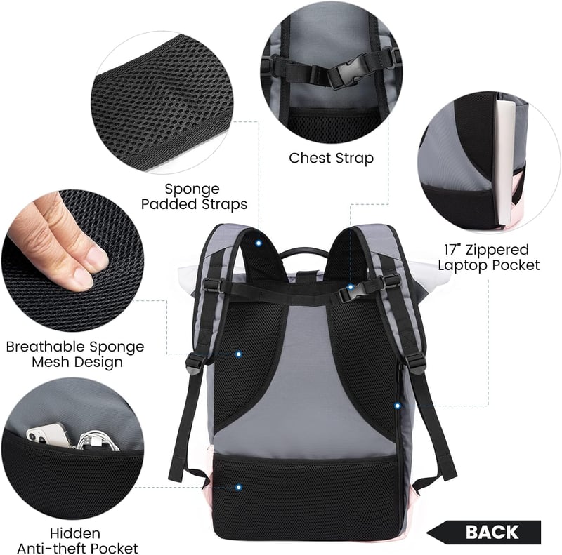 LOVEVOOK Rolltop Női Hátizsák Cipőtartó Rekesszel - Vízálló 17 Colos Laptop Táska Utazáshoz, Iskolába, Túrázáshoz, USB Töltőporttal (Szürke-