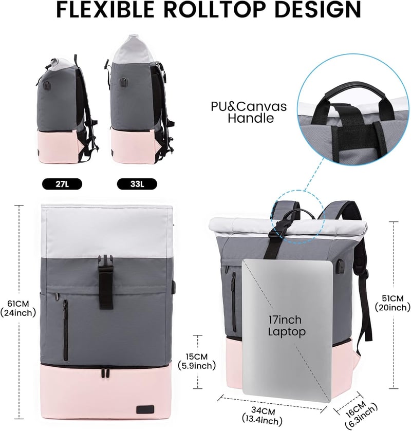 LOVEVOOK Rolltop Női Hátizsák Cipőtartó Rekesszel - Vízálló 17 Colos Laptop Táska Utazáshoz, Iskolába, Túrázáshoz, USB Töltőporttal (Szürke-