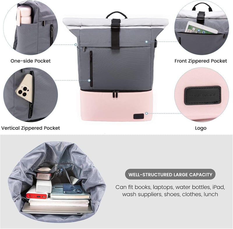 LOVEVOOK Rolltop Női Hátizsák Cipőtartó Rekesszel - Vízálló 17 Colos Laptop Táska Utazáshoz, Iskolába, Túrázáshoz, USB Töltőporttal (Szürke-