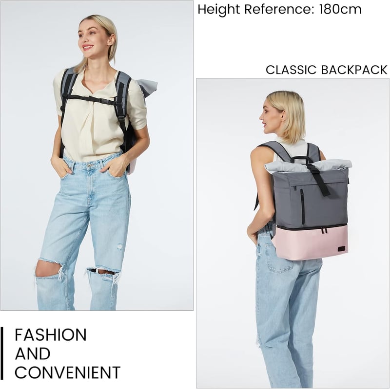 LOVEVOOK Rolltop Női Hátizsák Cipőtartó Rekesszel - Vízálló 17 Colos Laptop Táska Utazáshoz, Iskolába, Túrázáshoz, USB Töltőporttal (Szürke-