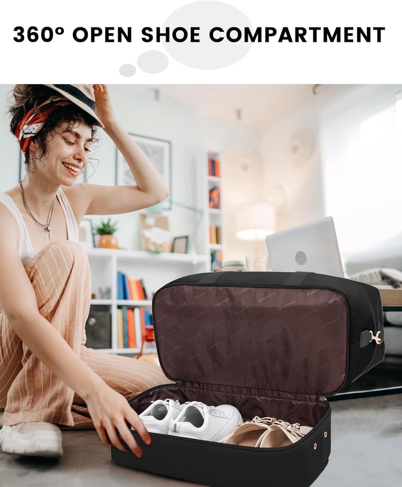 LOVEVOOK Utazótáska Nőknek - Sporttáska Cipőtartóval és Neszeszerrel, Hétvégi Kézipoggyász Repülőre, Kórházi Táska Szüléshez, Fekete
