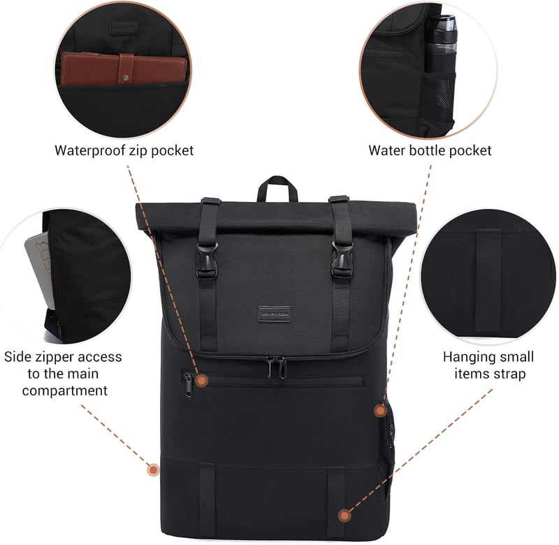 LOVEVOOK Vízálló Laptop Hátizsák 17,3" - Bővíthető Rolltop Utazó Táska 32L, Lopásgátló Zsebbel, Bőröndre Rögzíthető, Fekete