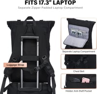 LOVEVOOK Vízálló Laptop Hátizsák 17,3" - Bővíthető Rolltop Utazó Táska 32L, Lopásgátló Zsebbel, Bőröndre Rögzíthető, Fekete 3