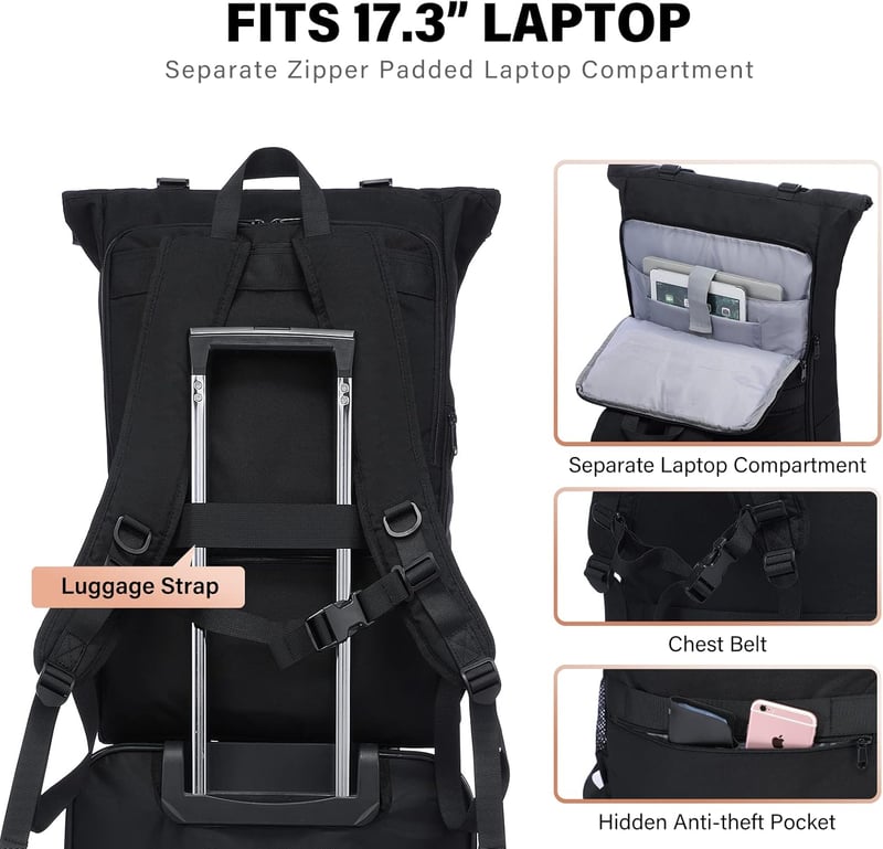 LOVEVOOK Vízálló Laptop Hátizsák 17,3" - Bővíthető Rolltop Utazó Táska 32L, Lopásgátló Zsebbel, Bőröndre Rögzíthető, Fekete