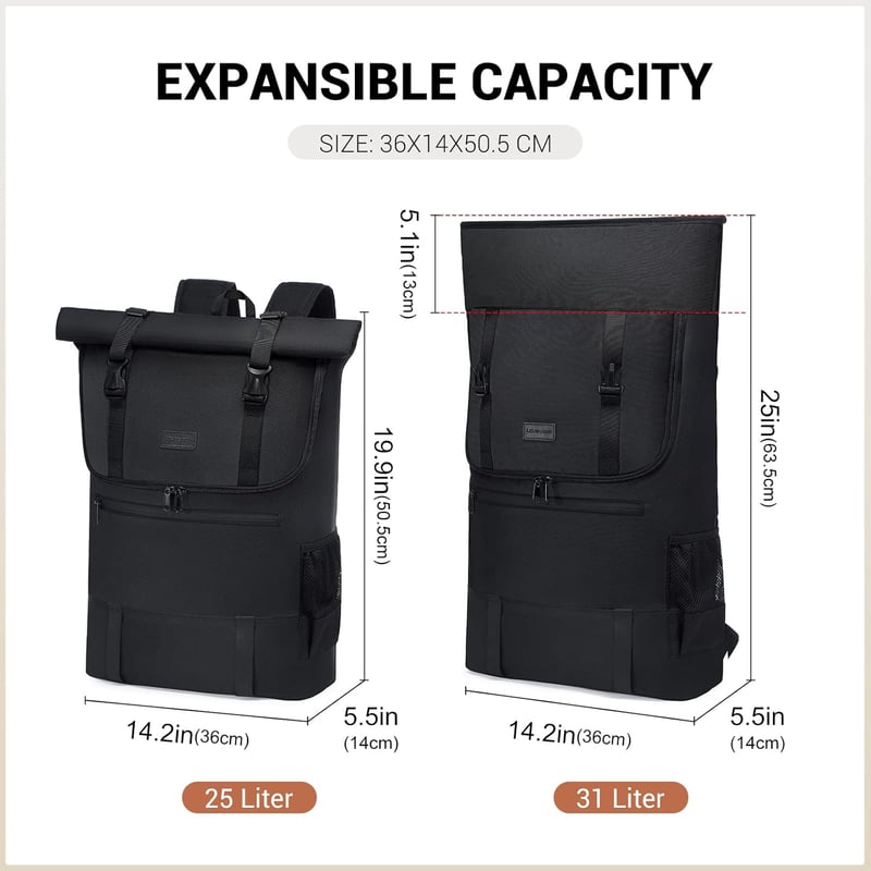 LOVEVOOK Vízálló Laptop Hátizsák 17,3" - Bővíthető Rolltop Utazó Táska 32L, Lopásgátló Zsebbel, Bőröndre Rögzíthető, Fekete