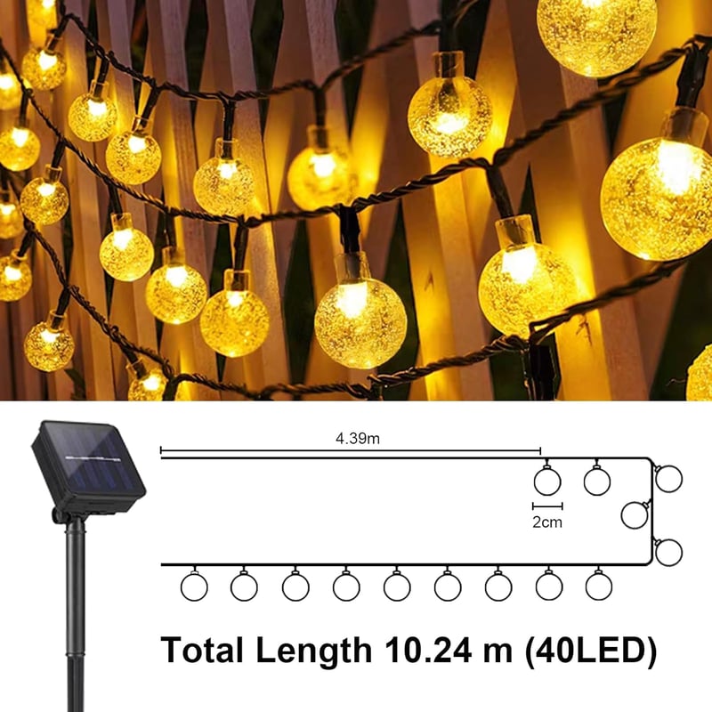 LQWELL Napelemes Tündérfény Kültéri Kert 40 LED 10m IP44 8 Mód Meleg Fehér